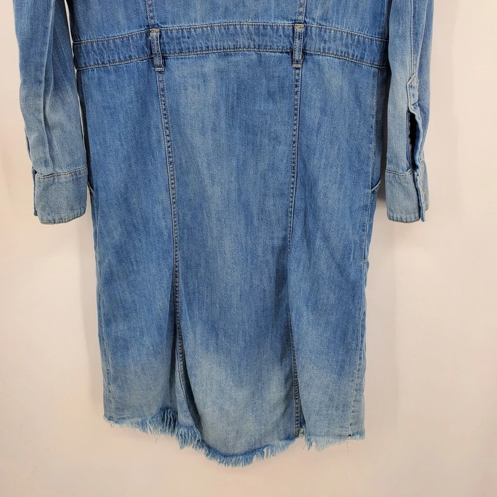 Free People Blue Denim Cotton Linen Button Front Midi Shirt Dress Medium Western - Picture 12 of 13